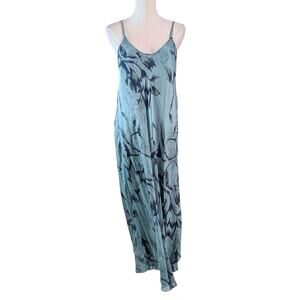 Mahina Boho Blue Botanical Print Silk Maxi Slip Dress One Size